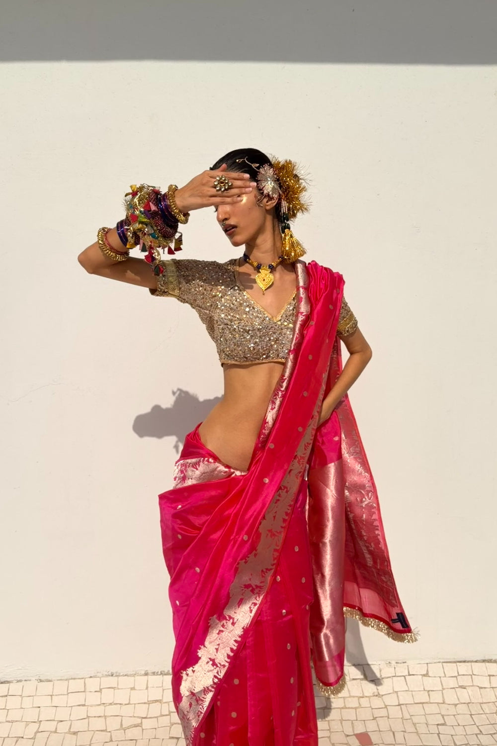 Nandi - Indian Pink Silk Chanderi Saree
