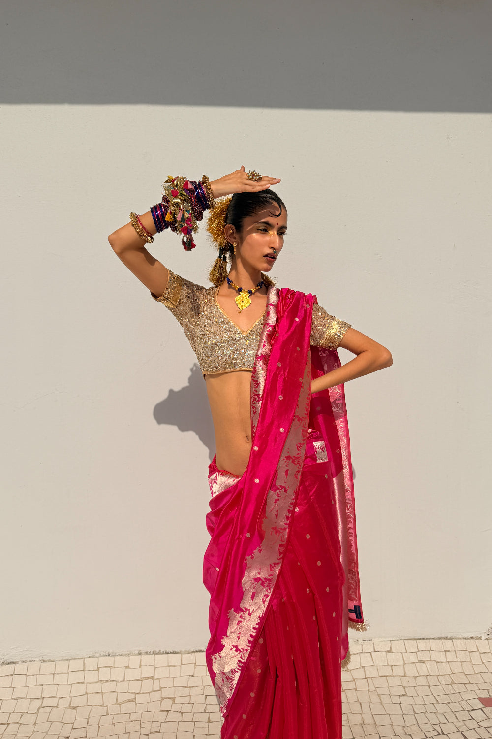 Nandi - Indian Pink Silk Chanderi Saree