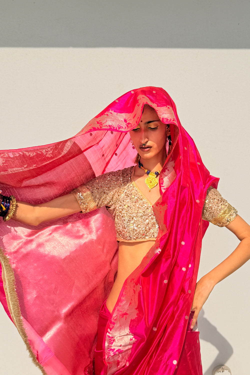 Nandi - Indian Pink Silk Chanderi Saree