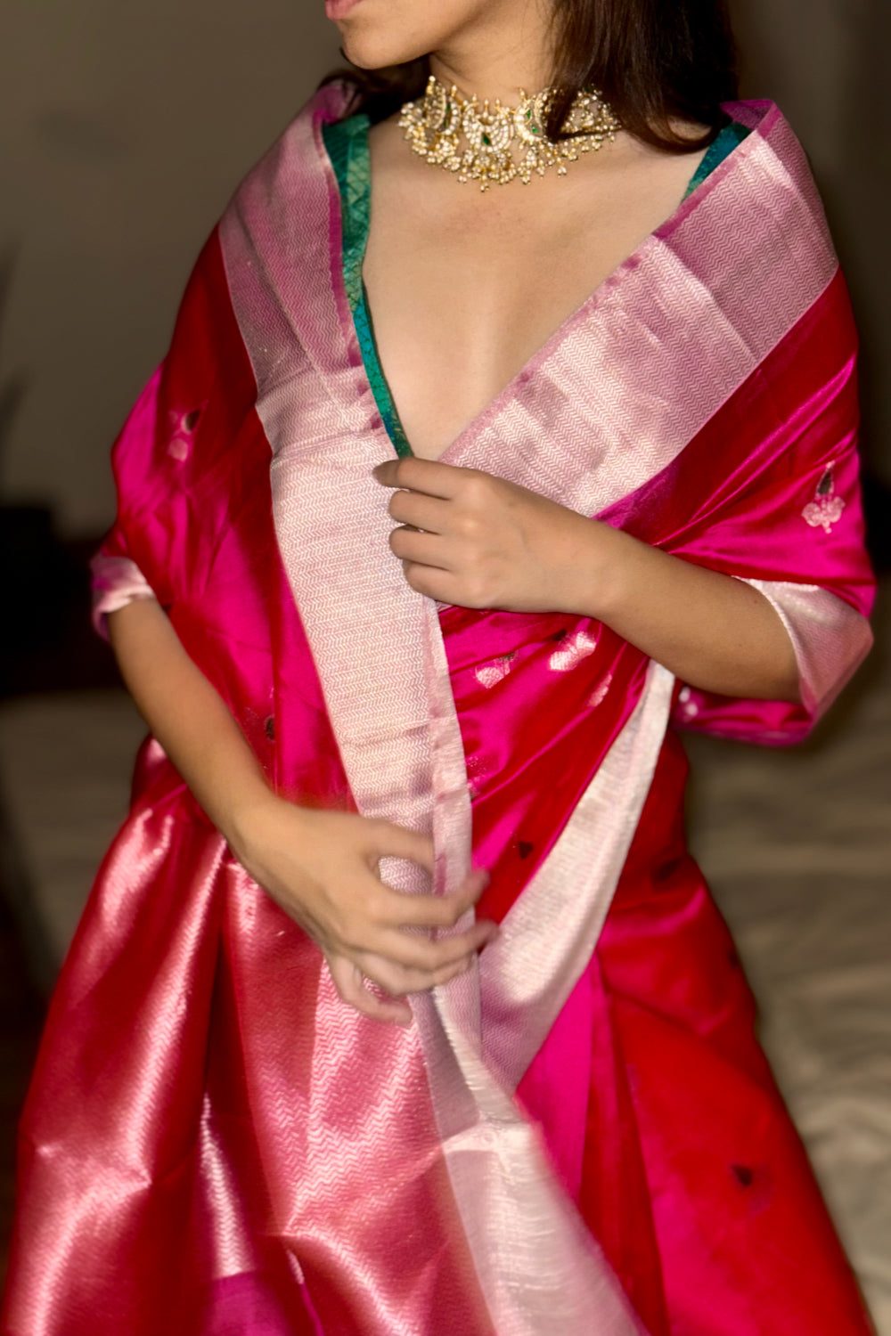 Varahi- Hot Pink Silk Chanderi Saree