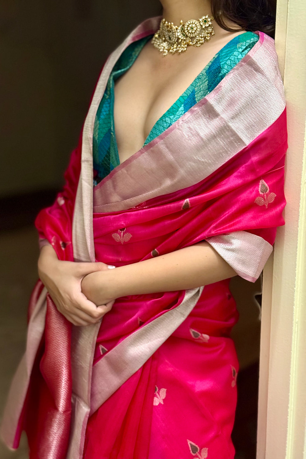 Varahi- Hot Pink Silk Chanderi Saree