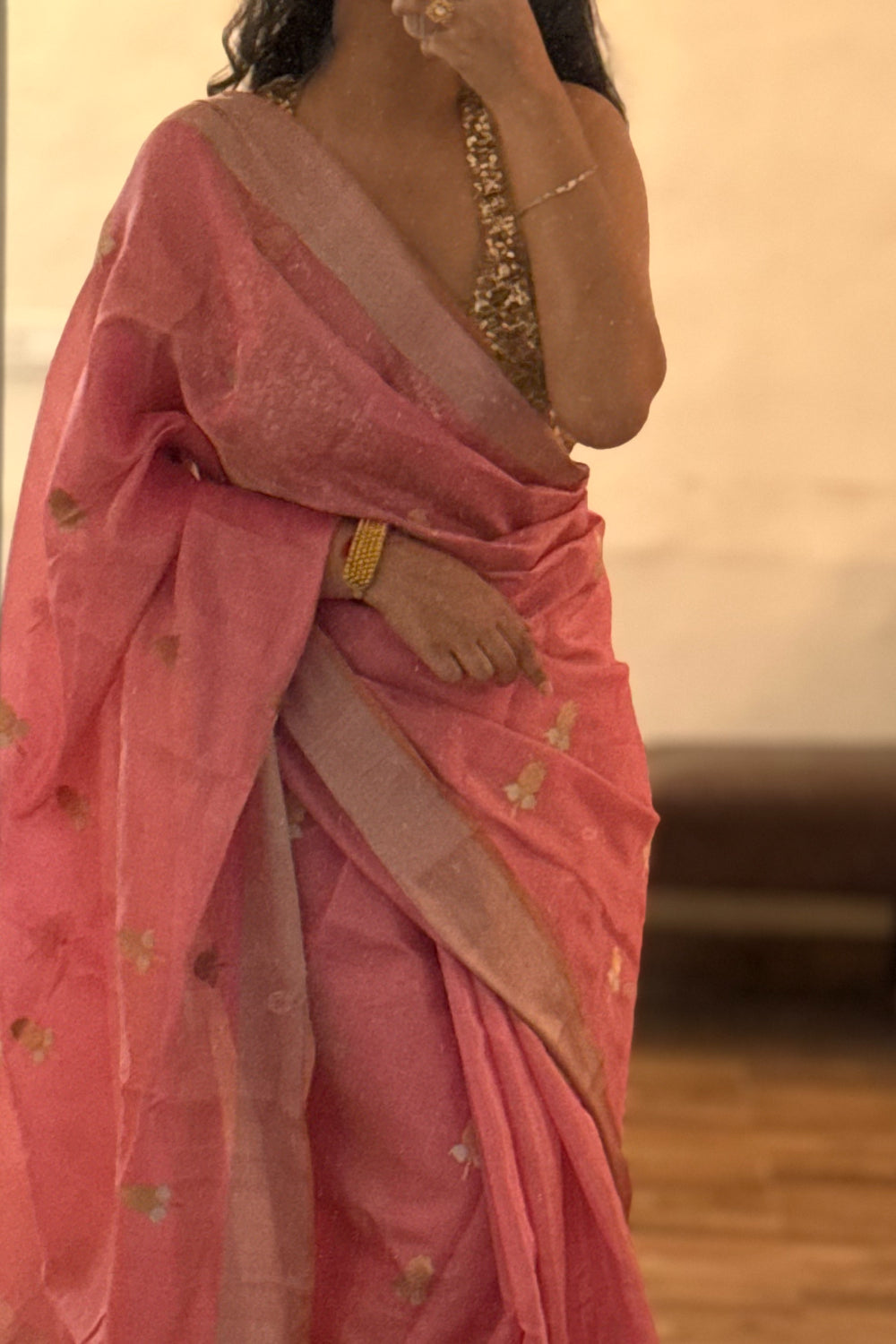 Rati - Coral Pink Silk  Tissue Chanderi Saree