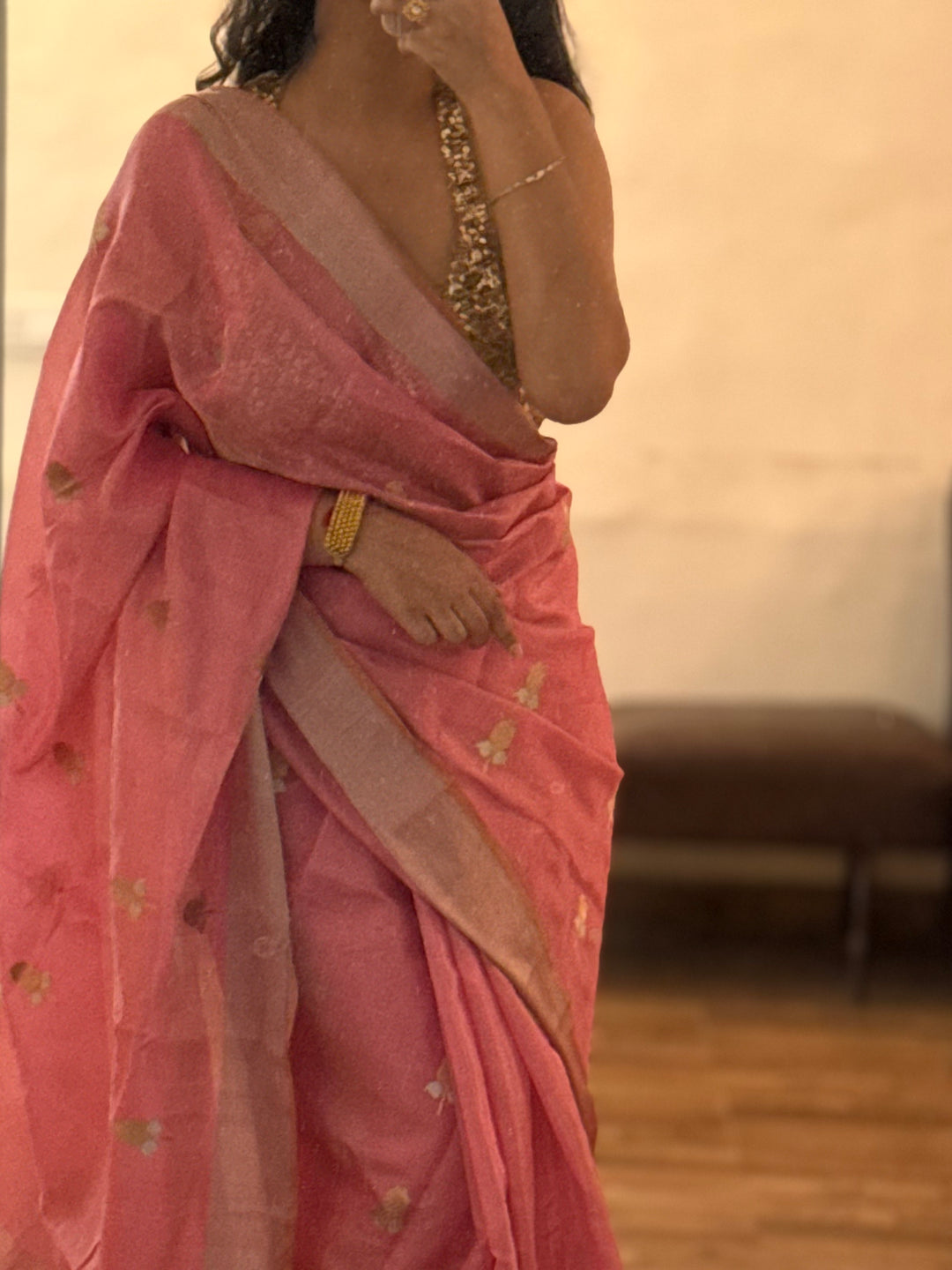 Rati - Coral Pink Silk  Tissue Chanderi Saree