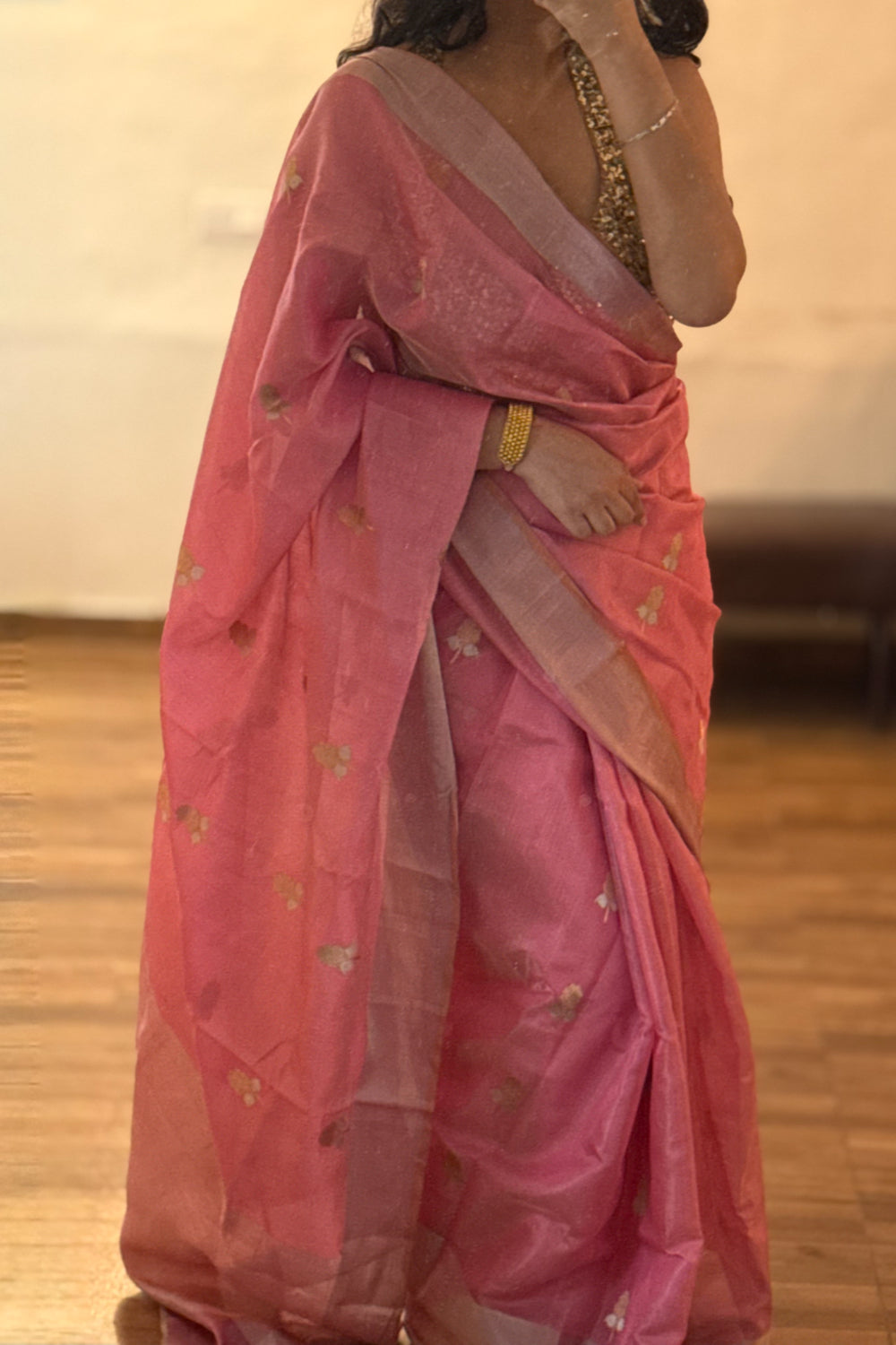 Rati - Coral Pink Silk  Tissue Chanderi Saree