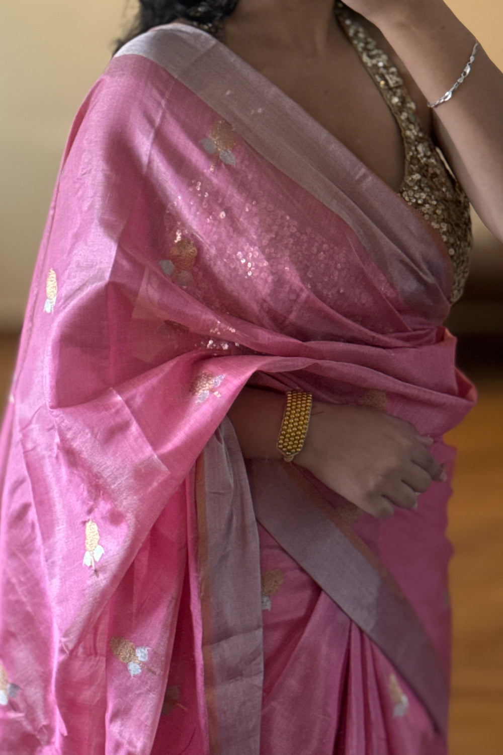 Rati - Coral Pink Silk  Tissue Chanderi Saree