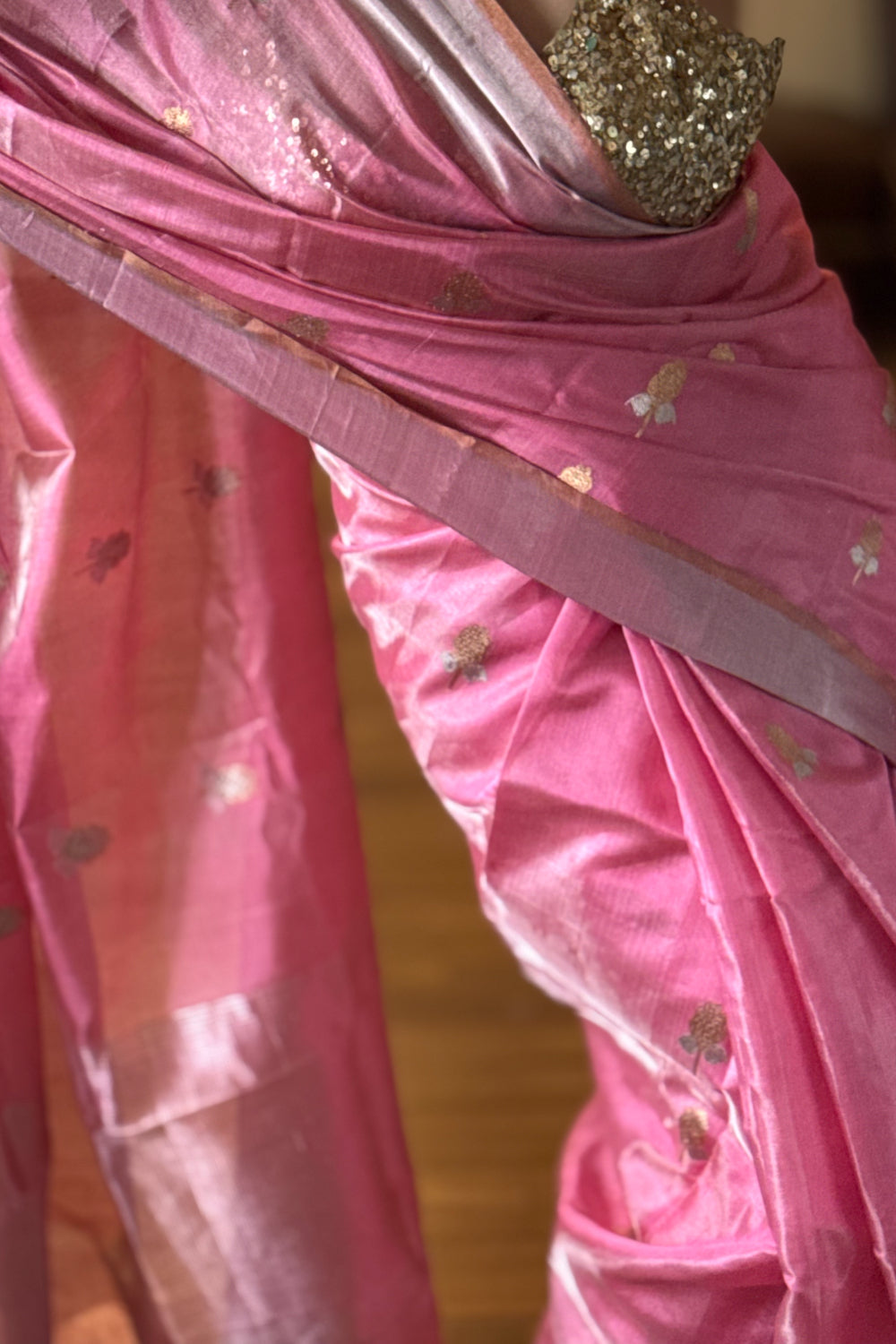 Rati - Coral Pink Silk  Tissue Chanderi Saree