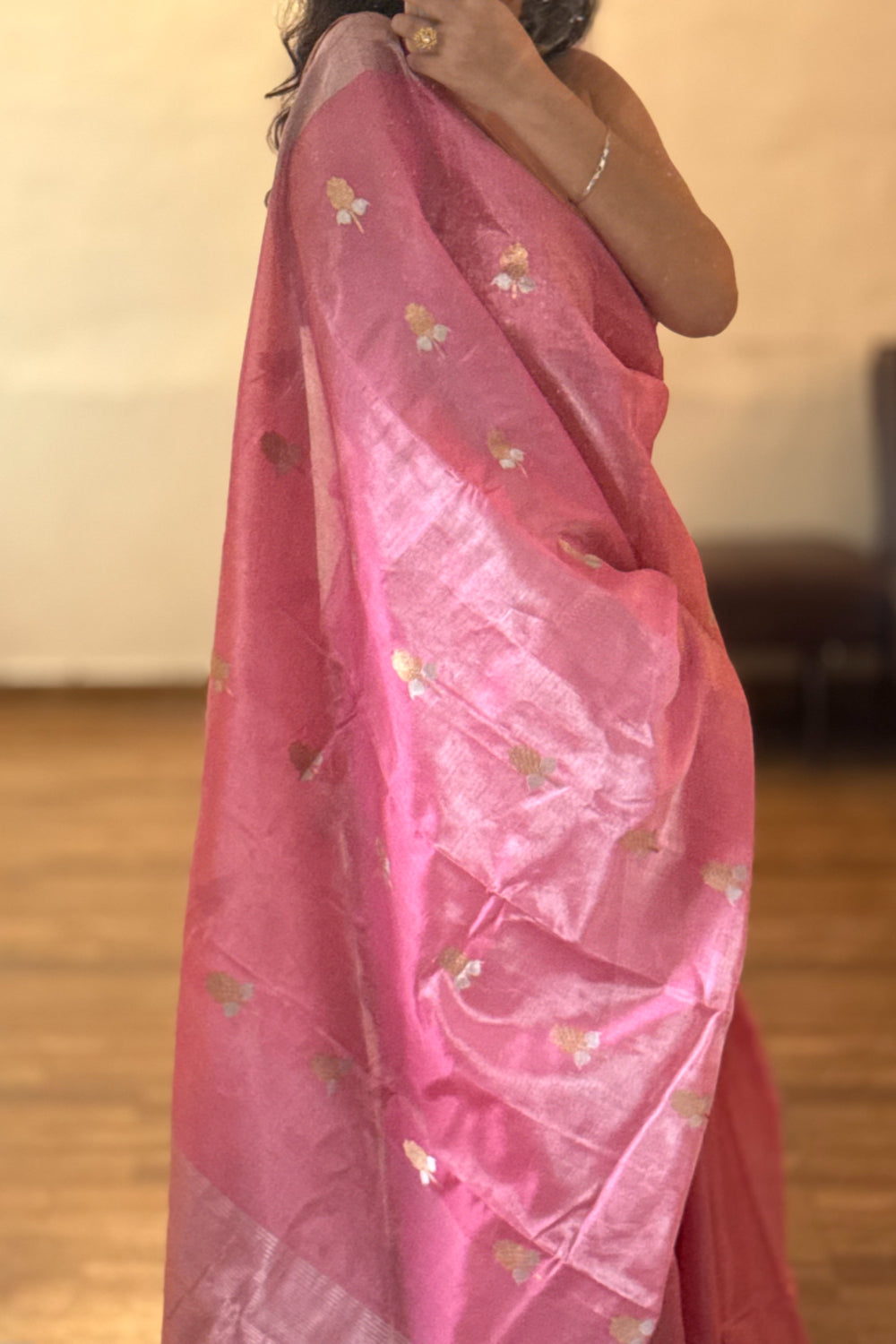 Rati - Coral Pink Silk  Tissue Chanderi Saree
