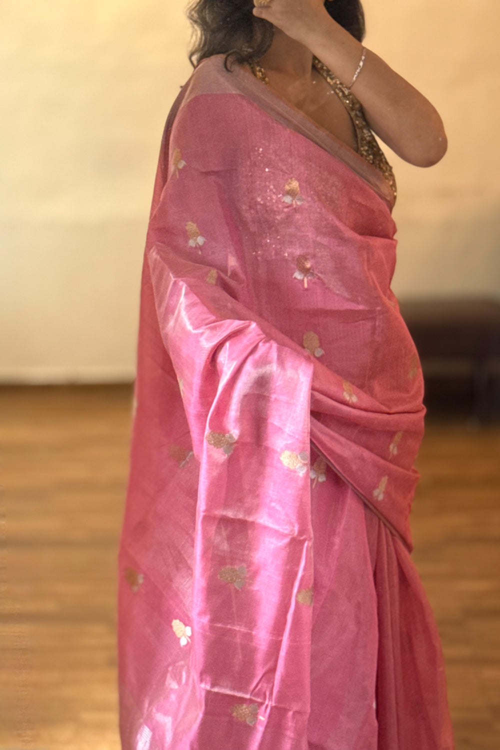 Rati - Coral Pink Silk  Tissue Chanderi Saree