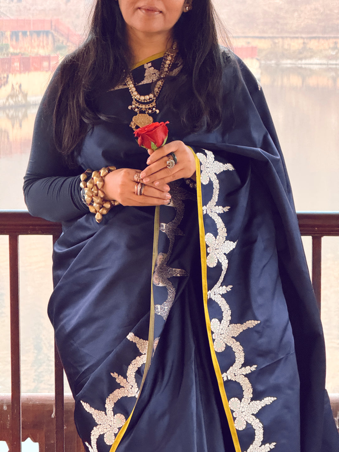 Aadya - Navy Blue Satin Mashroo Silk Banarasi Saree