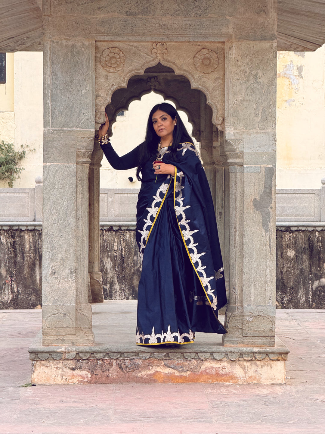 Aadya - Navy Blue Satin Mashroo Silk Banarasi Saree