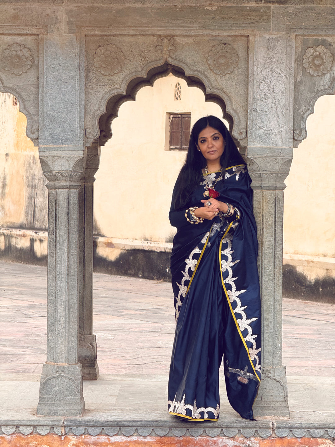 Aadya - Navy Blue Satin Mashroo Silk Banarasi Saree