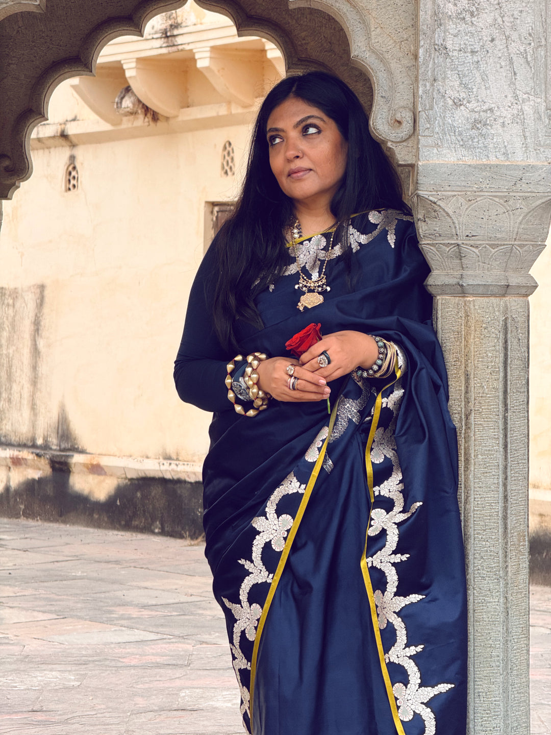 Aadya - Navy Blue Satin Mashroo Silk Banarasi Saree