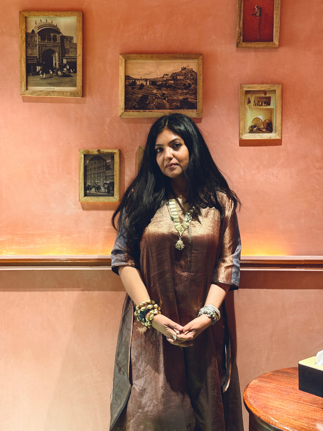 Bahula - Copper Grey Black Silk Banarasi Textured Kaftan