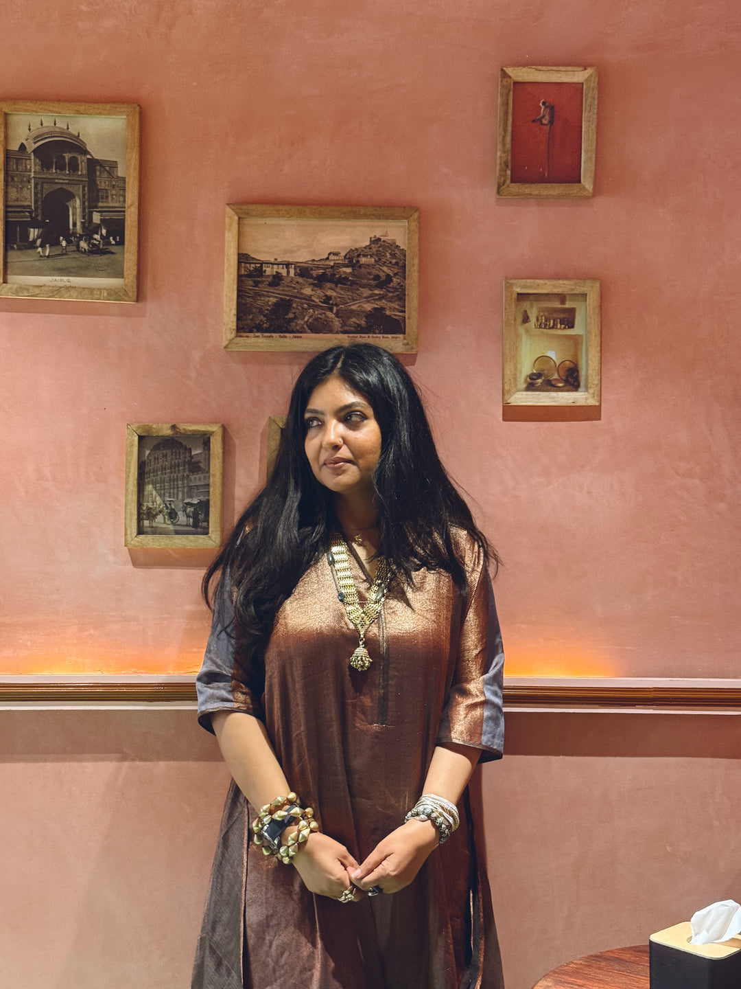 Bahula - Copper Grey Black Silk Banarasi Textured Kaftan