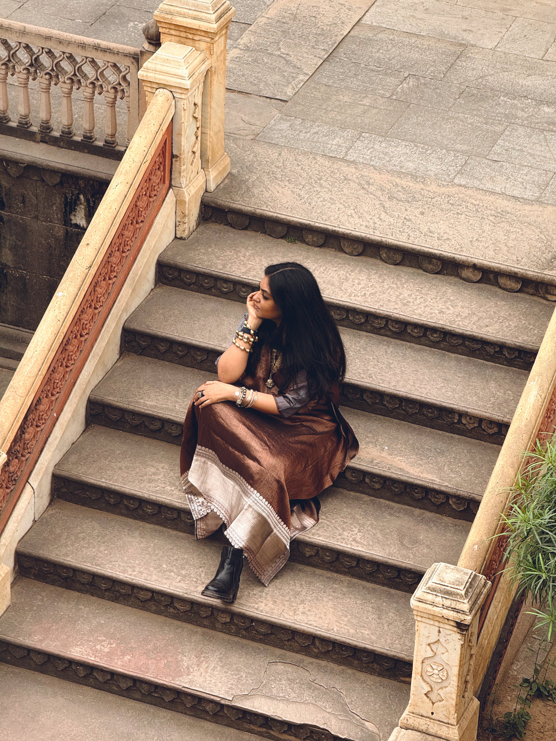 Bahula - Copper Grey Black Silk Banarasi Textured Kaftan