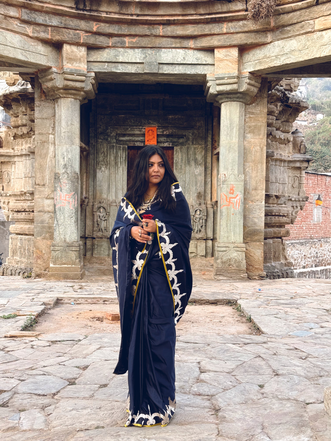 Aadya - Navy Blue Satin Mashroo Silk Banarasi Saree