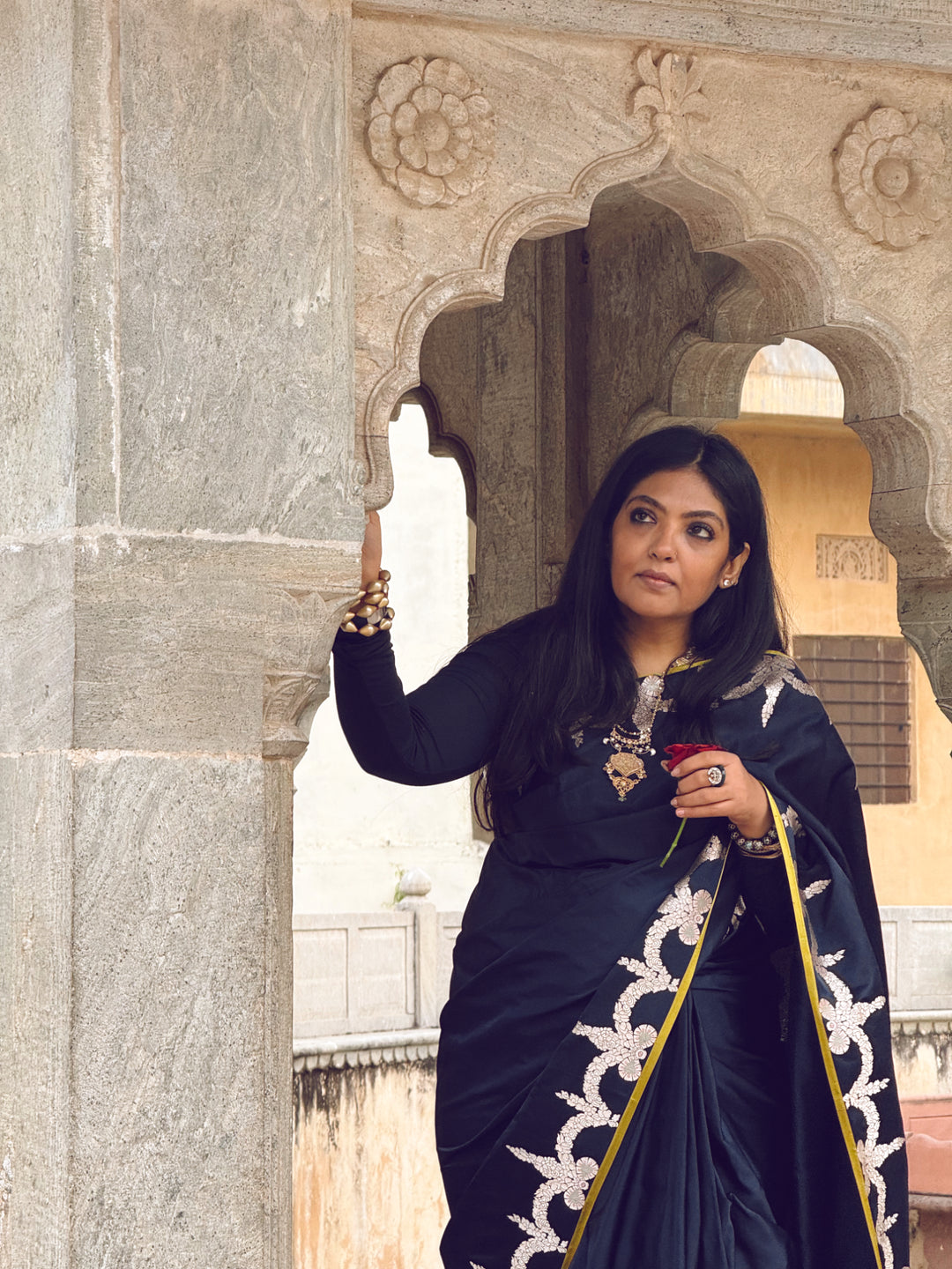 Aadya - Navy Blue Satin Mashroo Silk Banarasi Saree