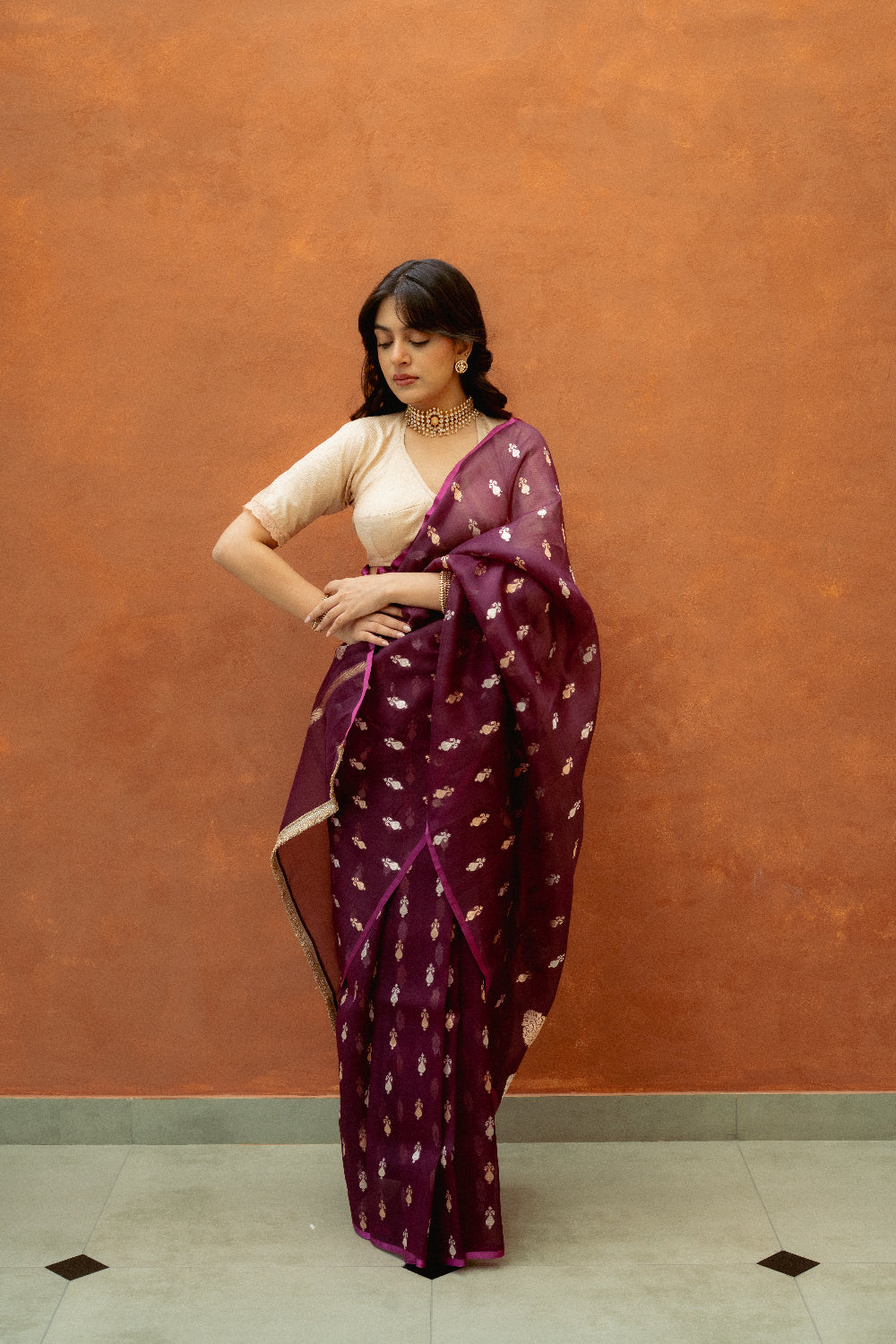 Chiti - Wine Silk Organza Banarasi Saree