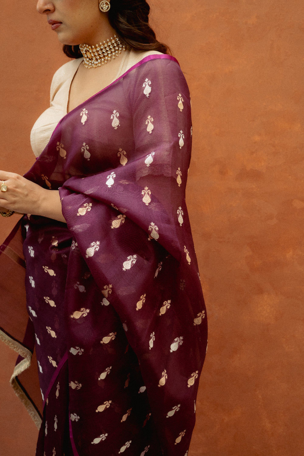 Chiti - Wine Silk Organza Banarasi Saree