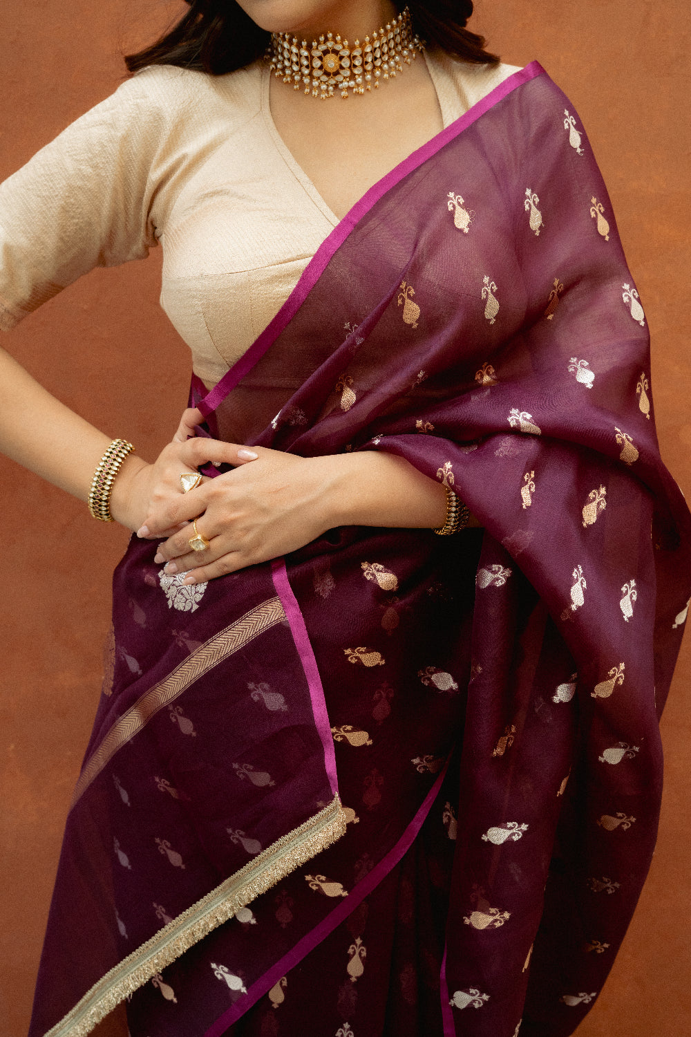 Chiti - Wine Silk Organza Banarasi Saree