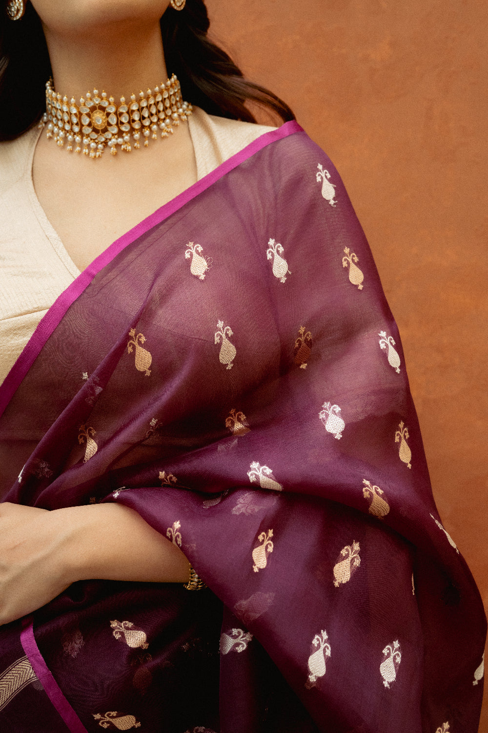 Chiti - Wine Silk Organza Banarasi Saree