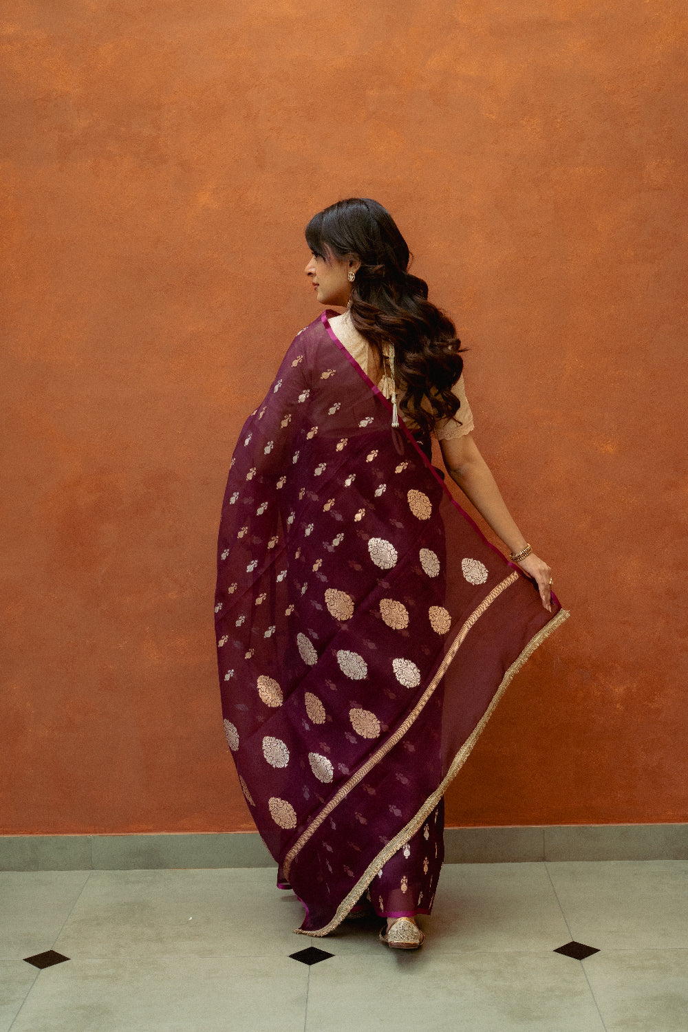 Chiti - Wine Silk Organza Banarasi Saree