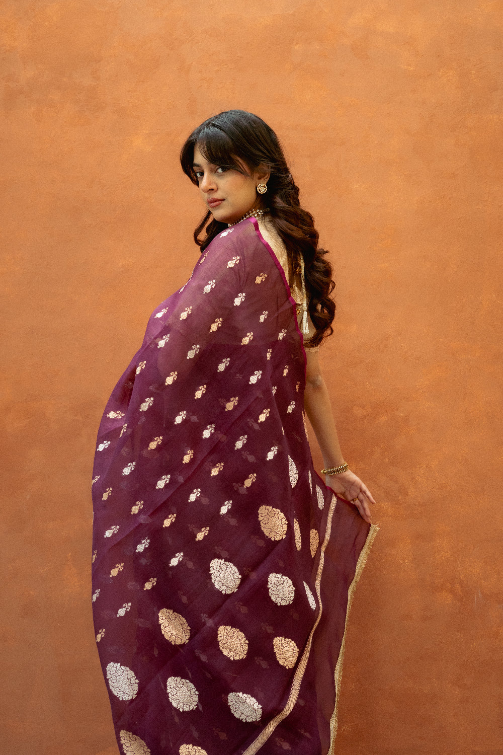Chiti - Wine Silk Organza Banarasi Saree