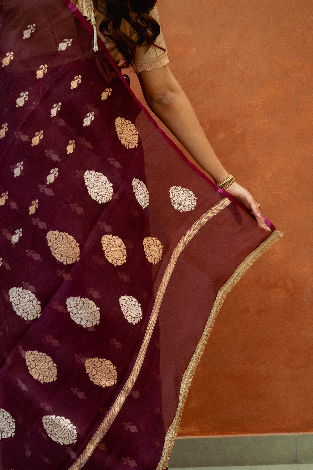 Chiti - Wine Silk Organza Banarasi Saree
