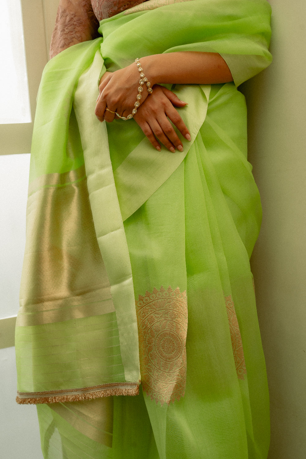 Aishani - Pastel Green Silk Organza Banarasi Saree