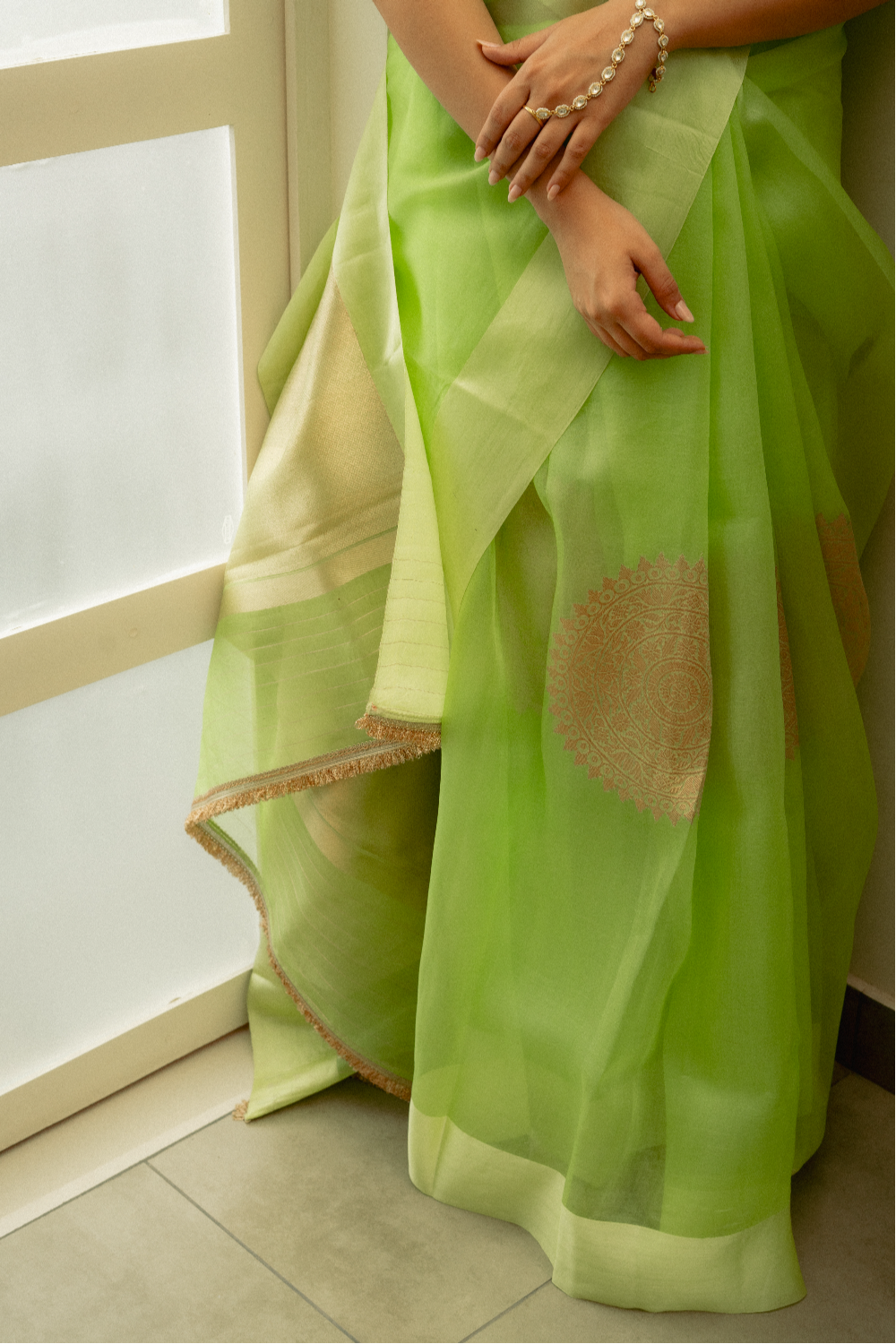 Aishani - Pastel Green Silk Organza Banarasi Saree