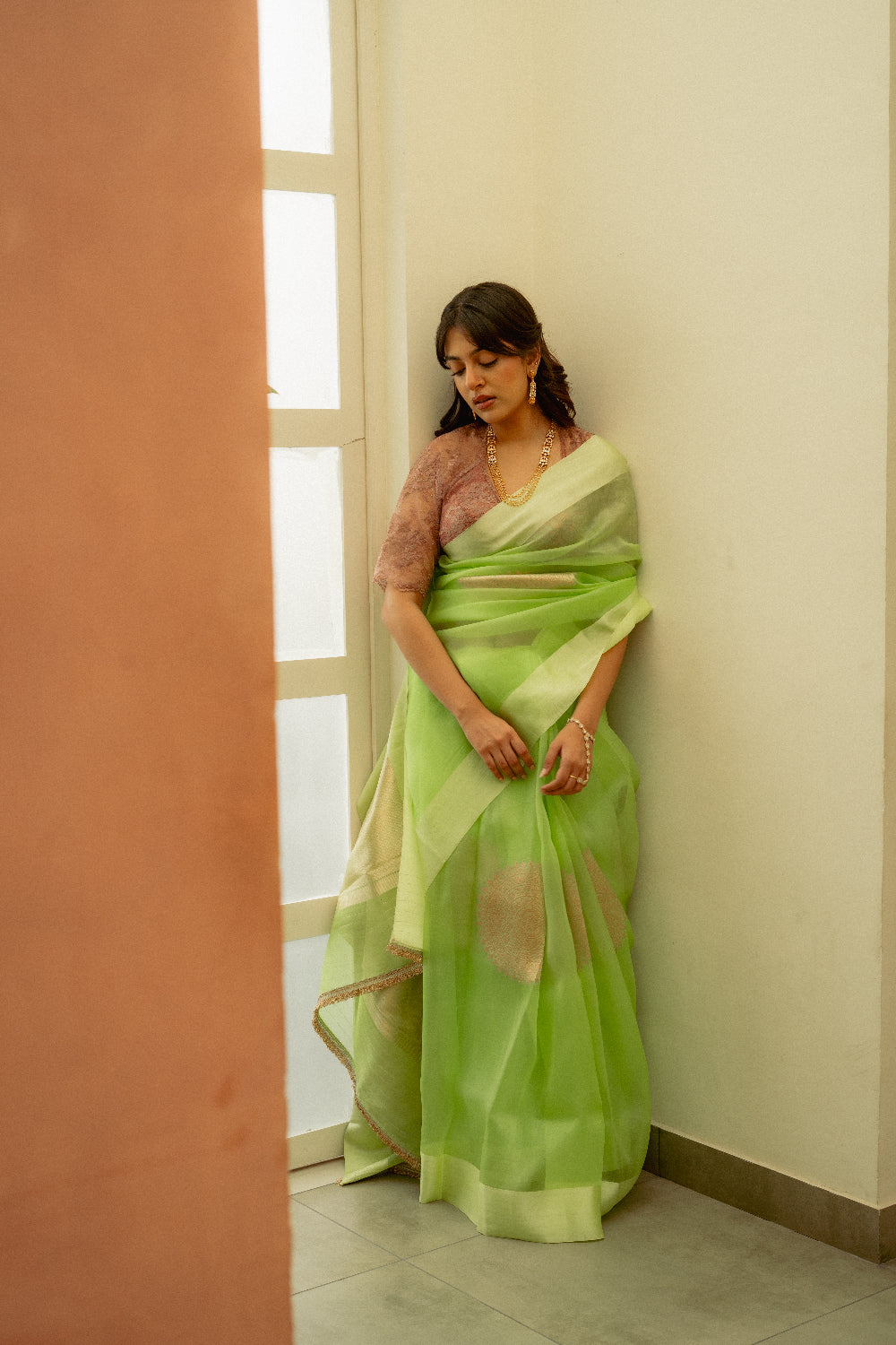 Aishani - Pastel Green Silk Organza Banarasi Saree
