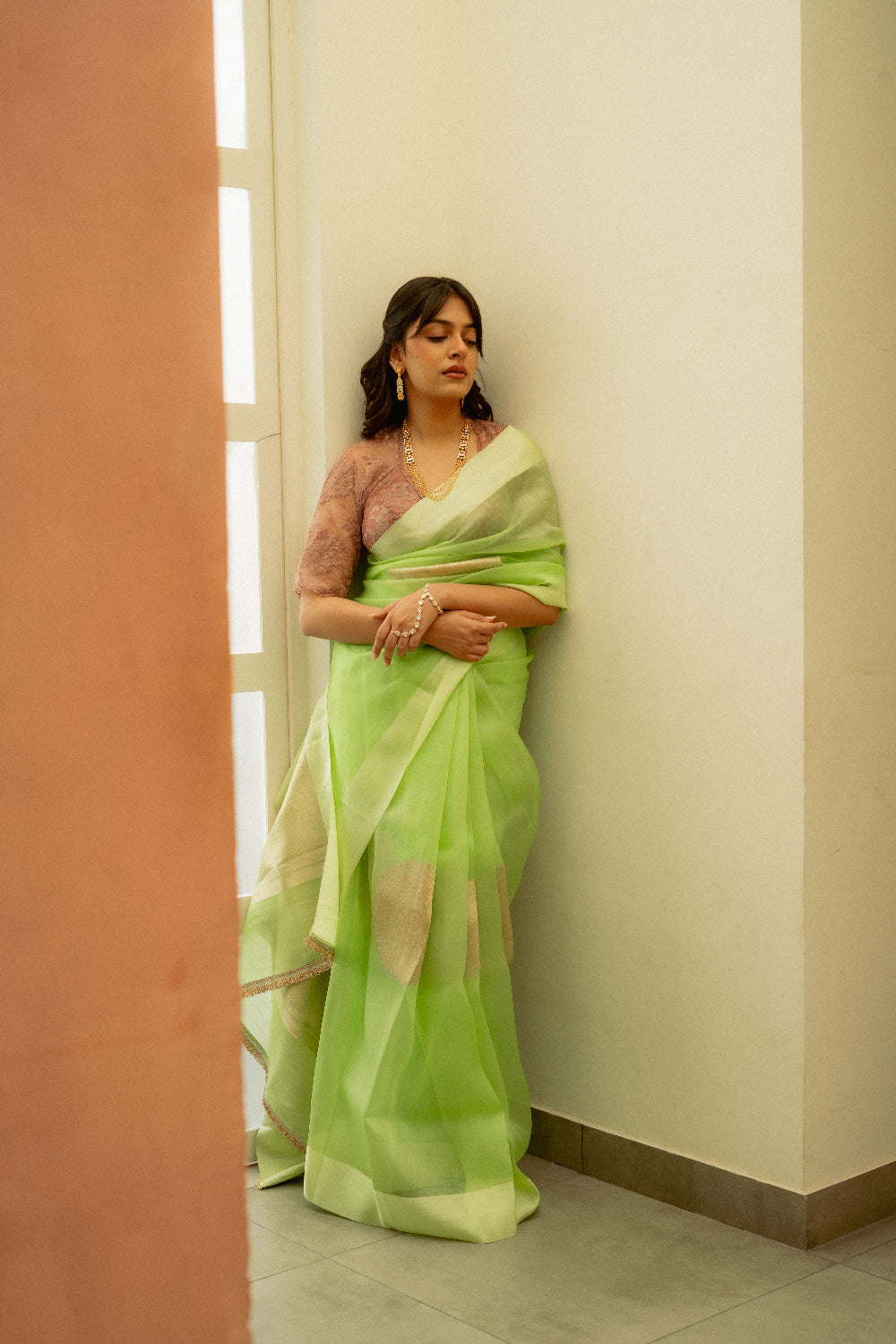 Aishani - Pastel Green Silk Organza Banarasi Saree