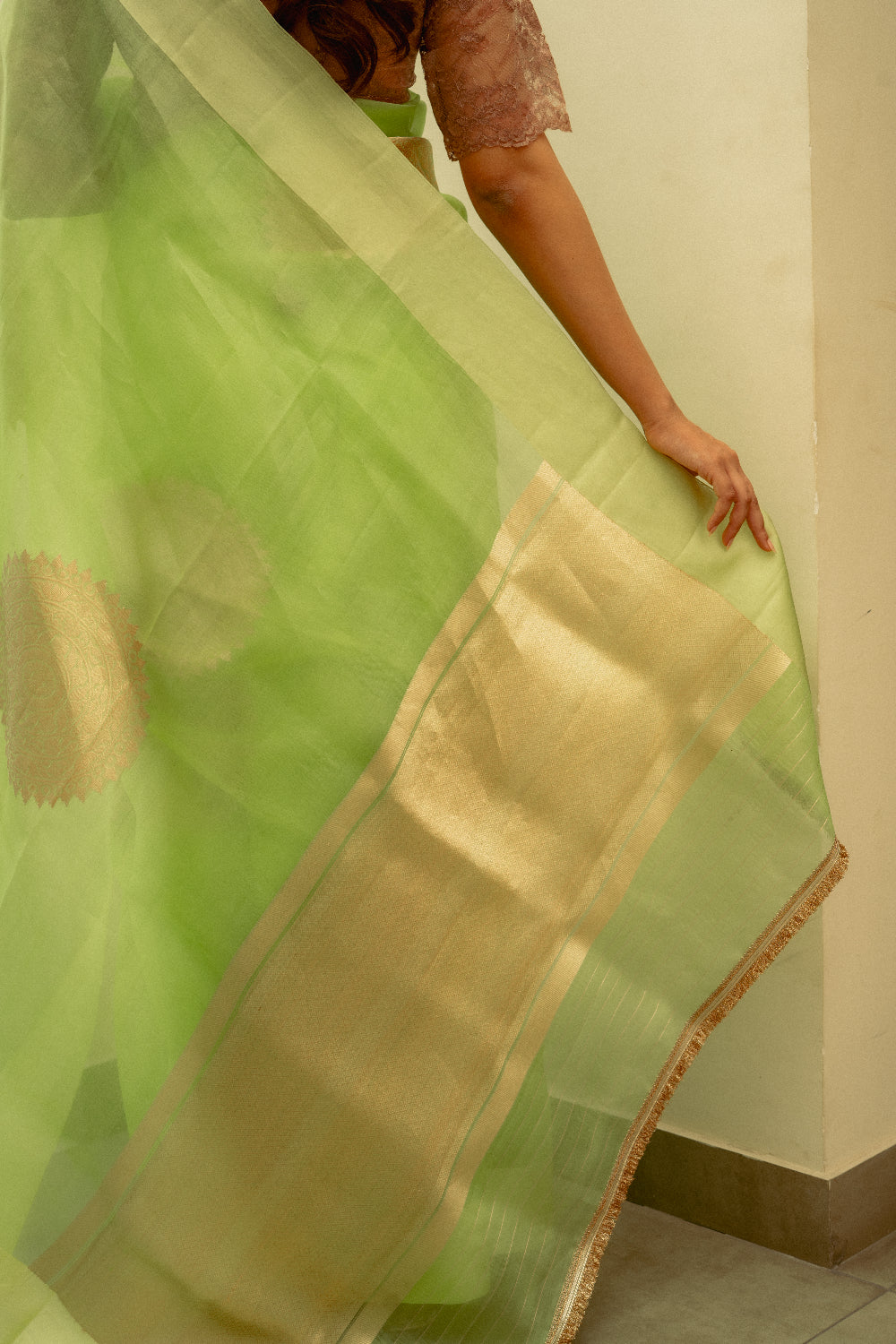 Aishani - Pastel Green Silk Organza Banarasi Saree