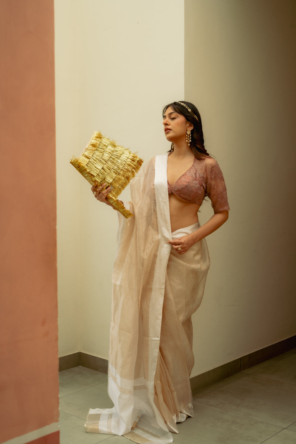 Aindri - Ivory Organza Silk Banarasi Saree