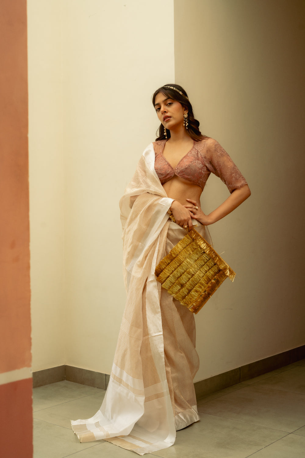 Aindri - Ivory Organza Silk Banarasi Saree