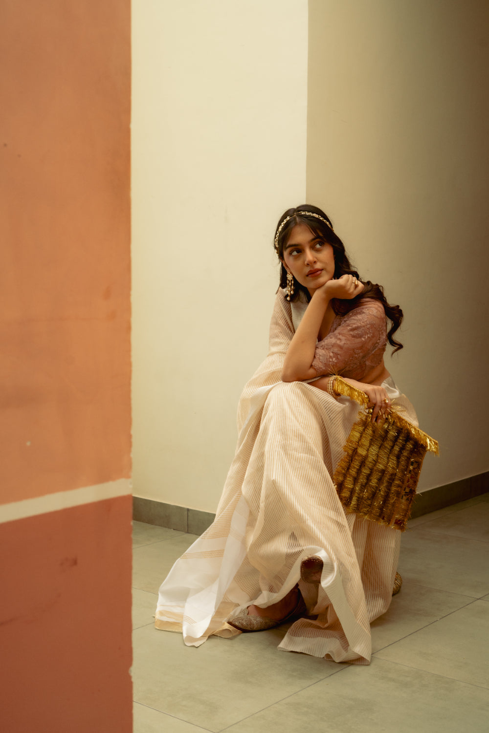 Aindri - Ivory Organza Silk Banarasi Saree