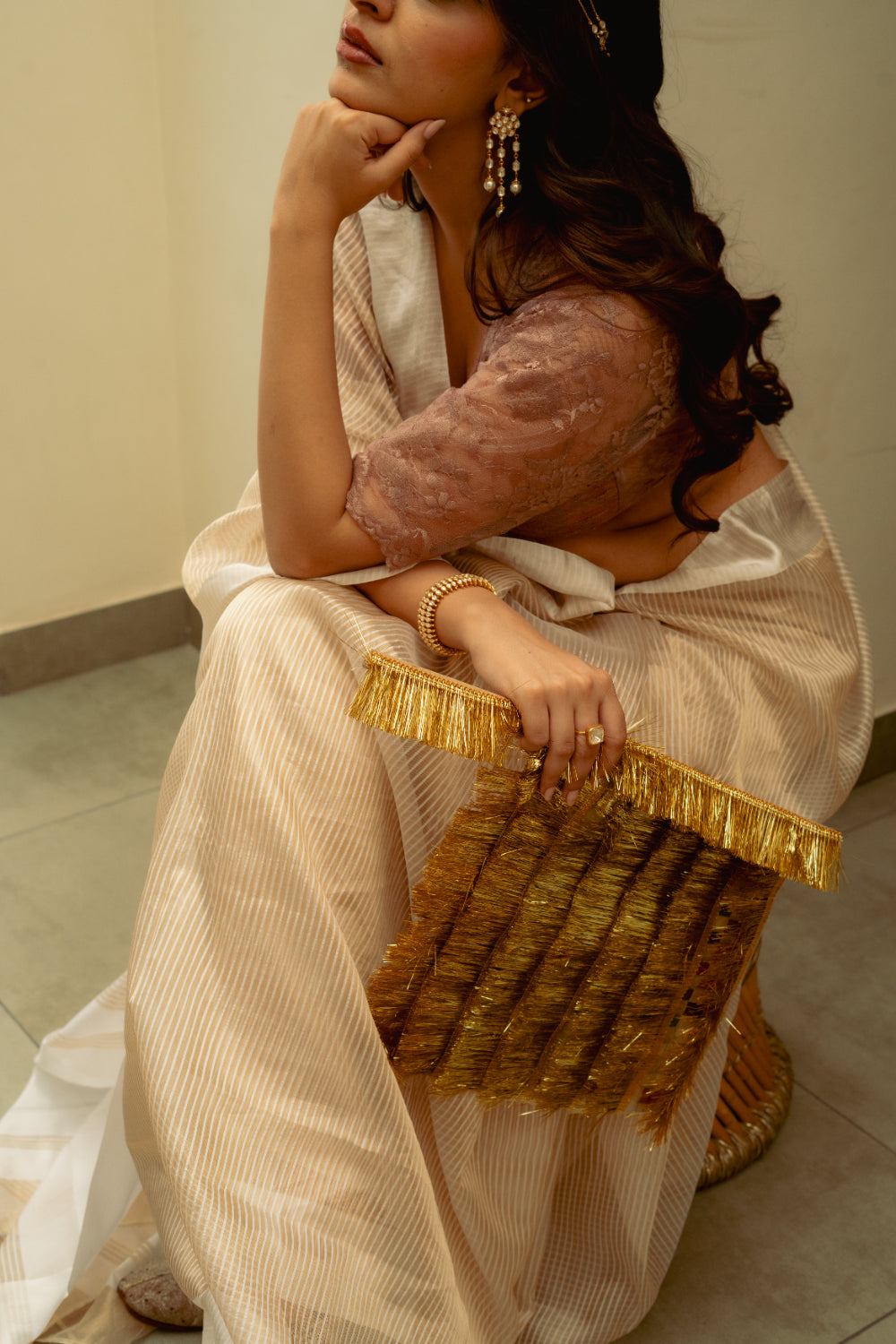 Aindri - Ivory Organza Silk Banarasi Saree
