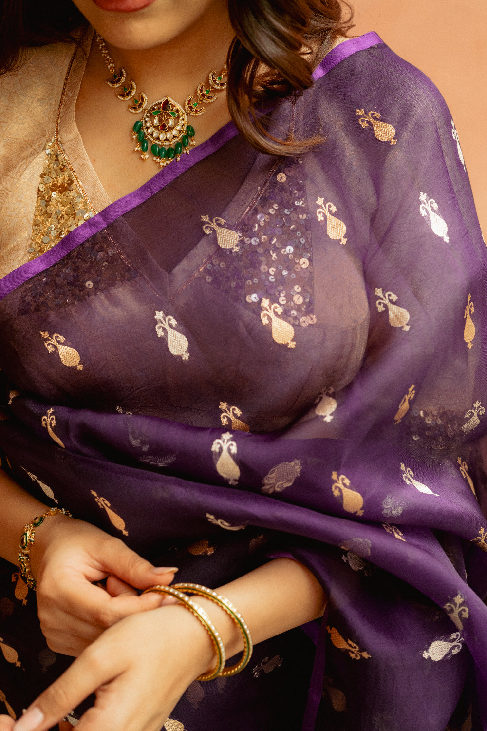 Chiti - Purple Silk Organza Banarasi Saree