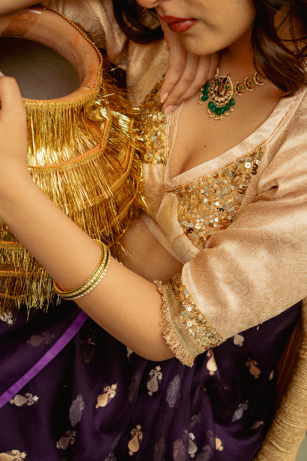 Shamik - Ivory Silk Brocade Hand-Embroidered Aangi