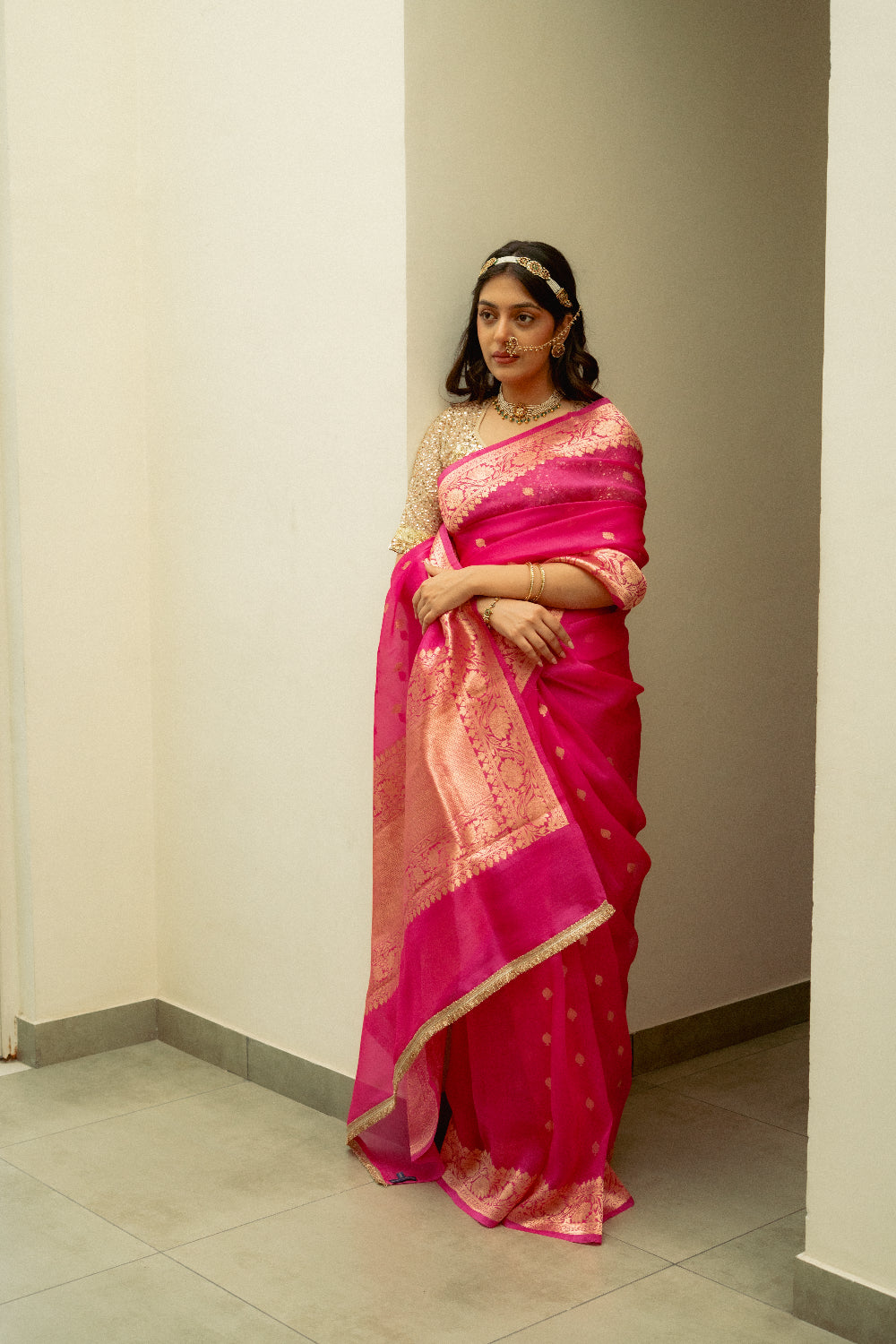 Koumari - Rani Pink Organza Silk Banarasi Saree