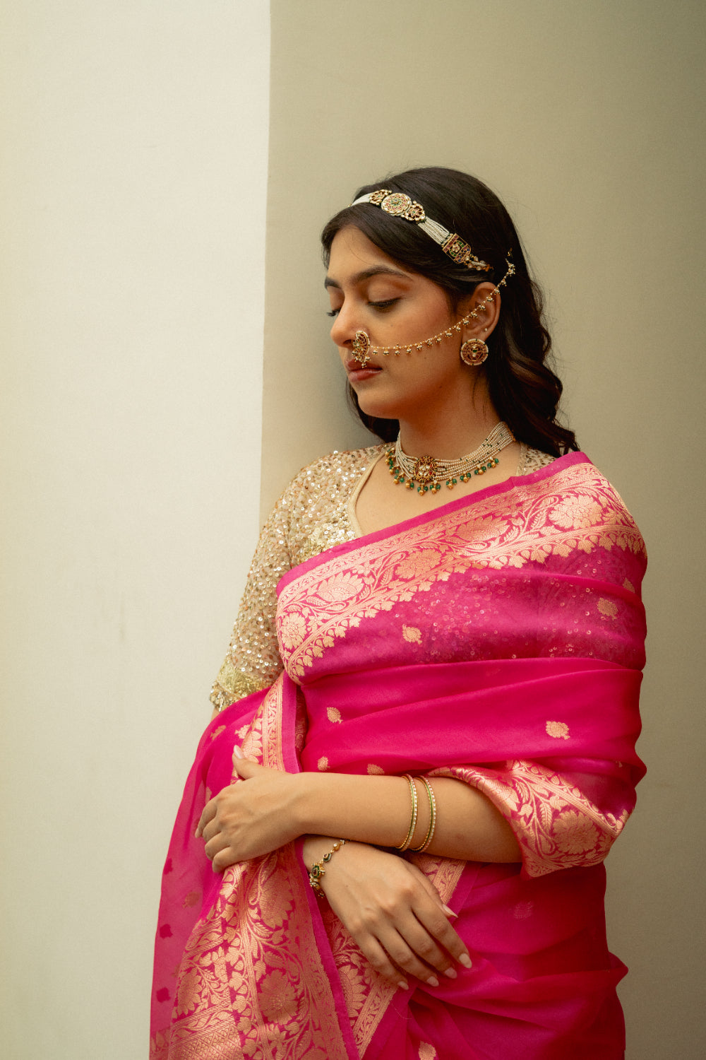 Koumari - Rani Pink Organza Silk Banarasi Saree