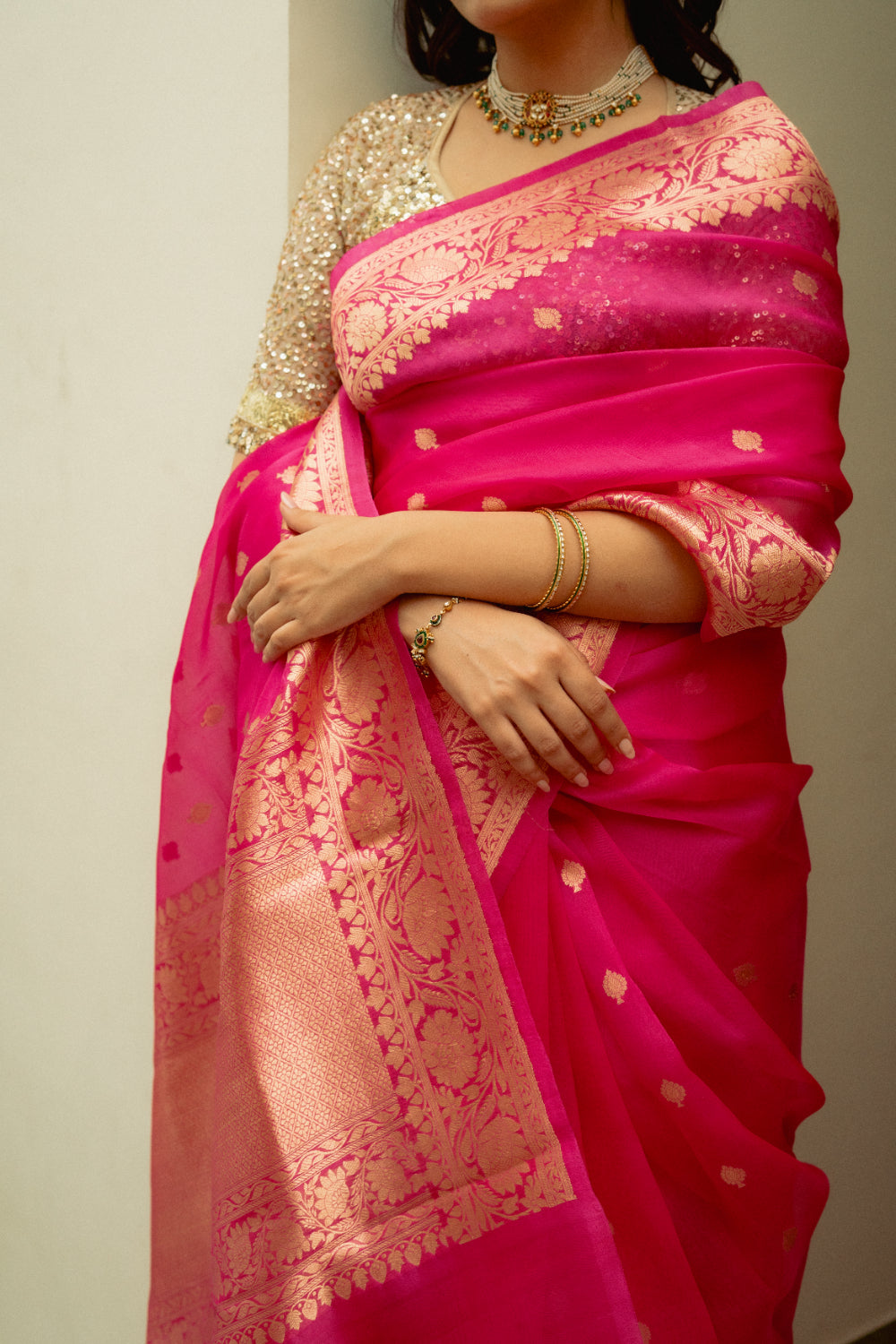Koumari - Rani Pink Organza Silk Banarasi Saree