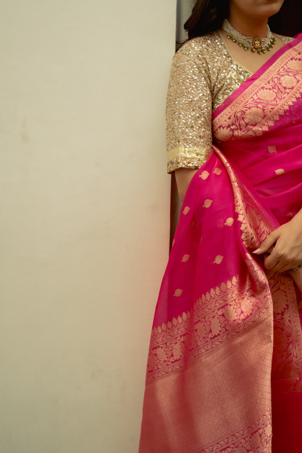 Koumari - Rani Pink Organza Silk Banarasi Saree