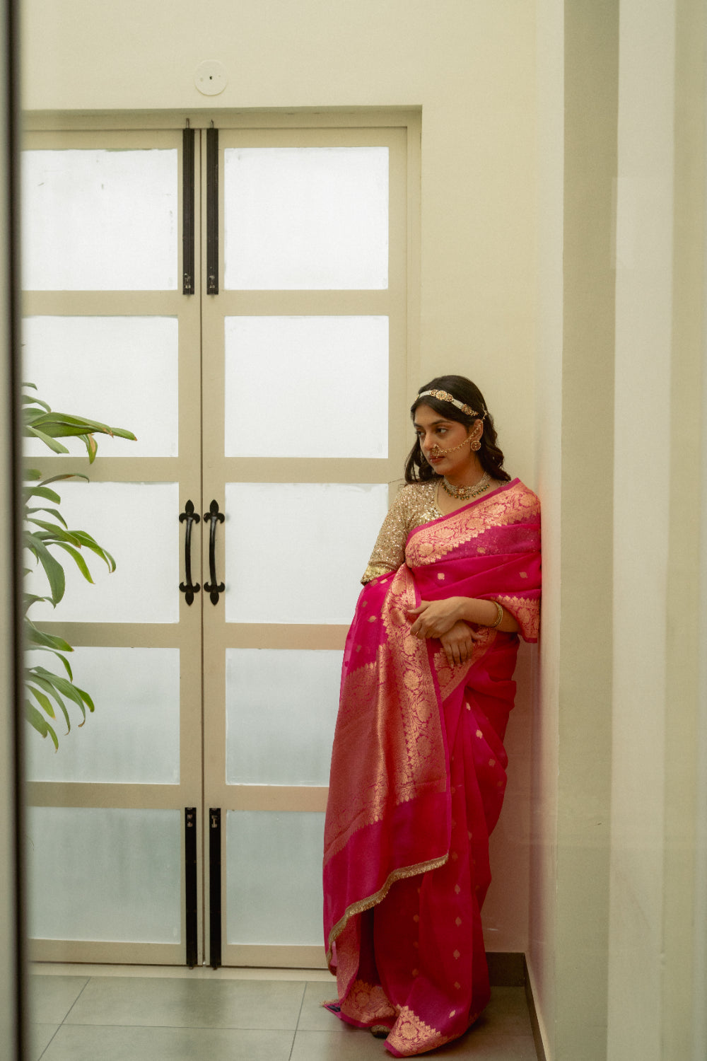 Koumari - Rani Pink Organza Silk Banarasi Saree