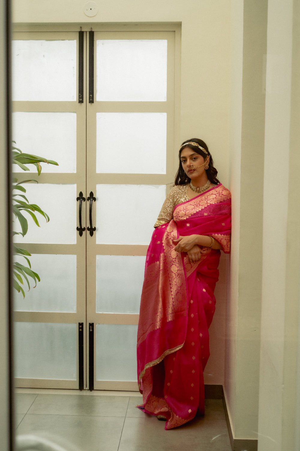Koumari - Rani Pink Organza Silk Banarasi Saree