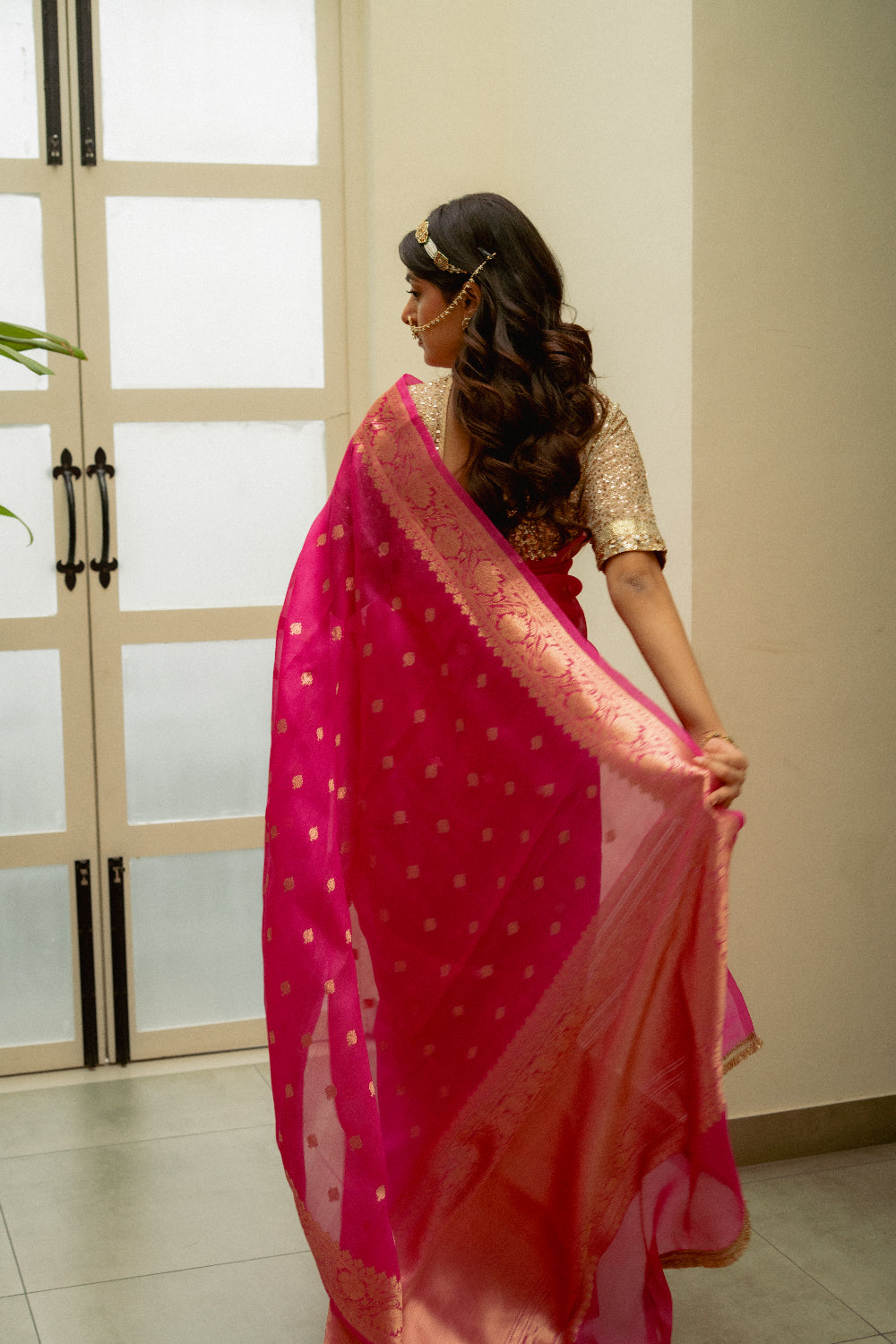 Koumari - Rani Pink Organza Silk Banarasi Saree