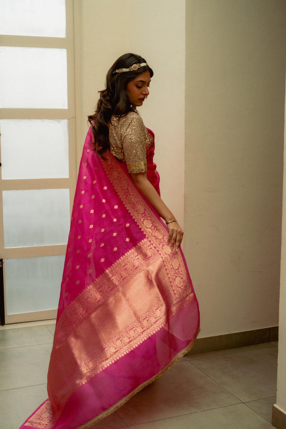 Koumari - Rani Pink Organza Silk Banarasi Saree