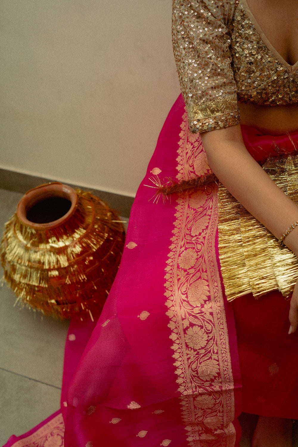 Koumari - Rani Pink Organza Silk Banarasi Saree