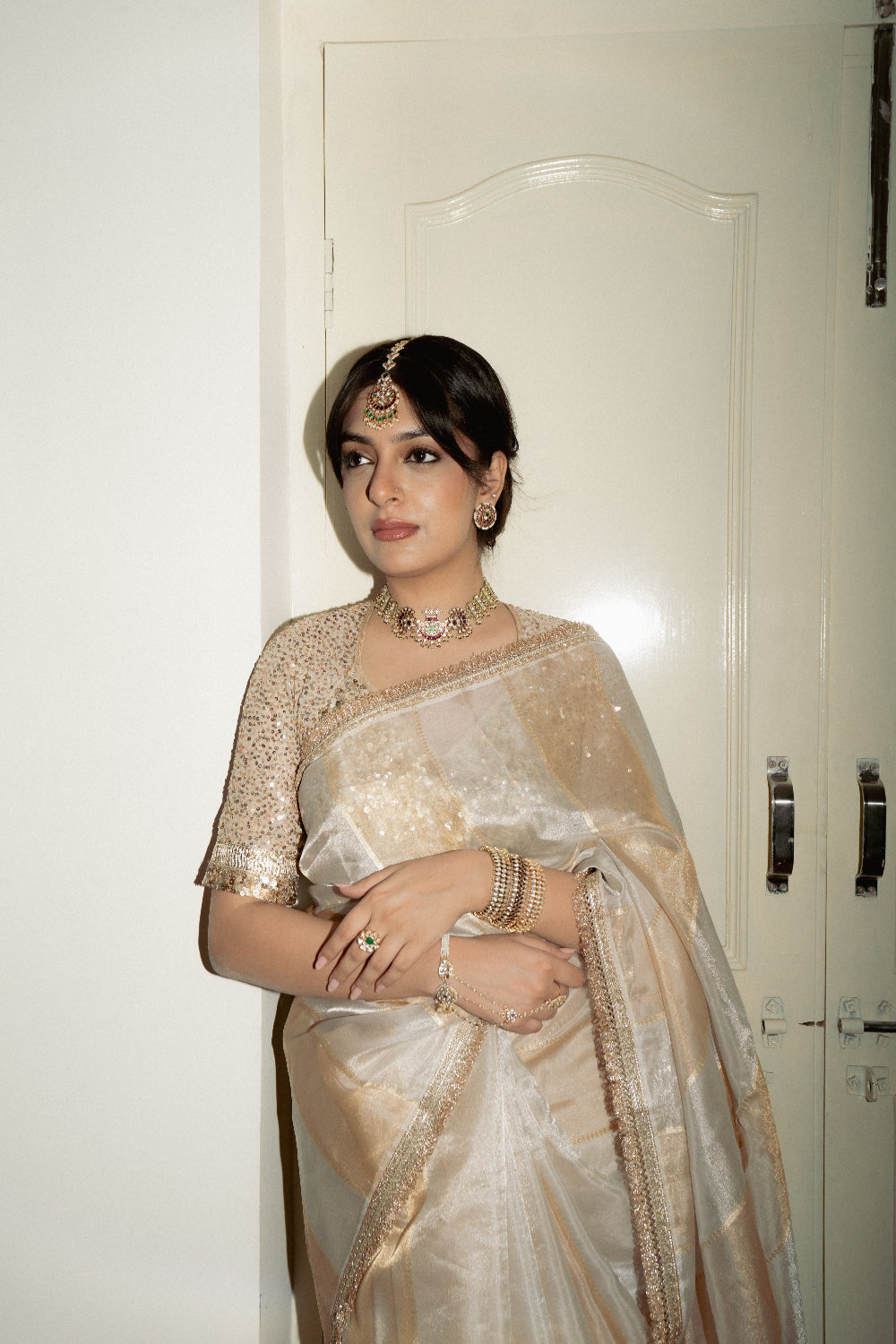 Ajita - Ivory Silk Organza Banarasi Saree