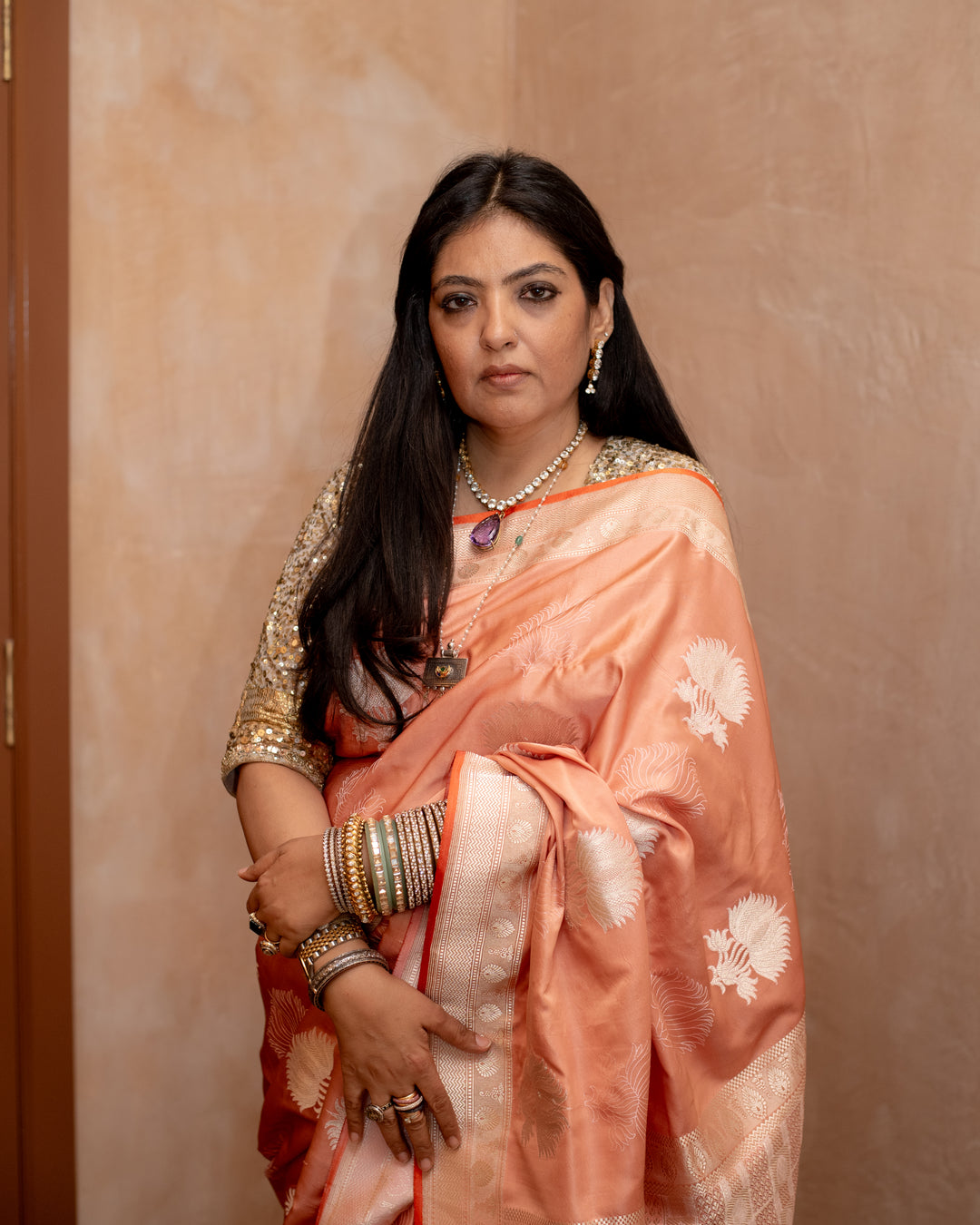 Shloka - Coral Silk Banarasi Mashroo Saree